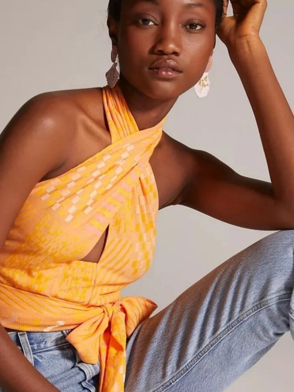 Woman's Anthropologie Eva Franco Orange Citrus Halter Wrap Crop Top Size Medium